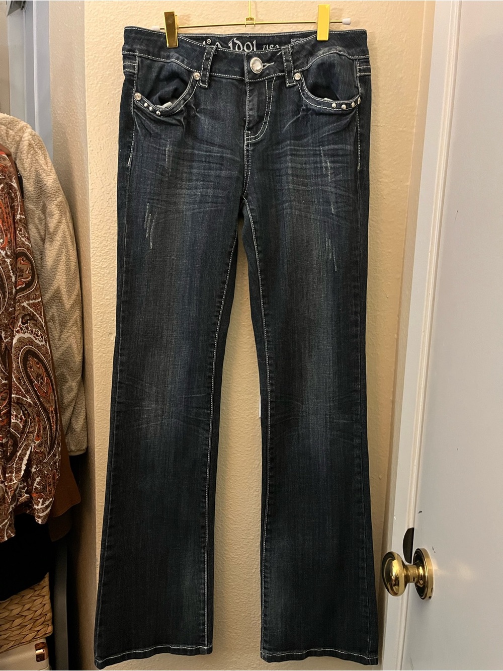 LA Idol Women’s Dark Wash Bootcut Jeans with Studded Trim
